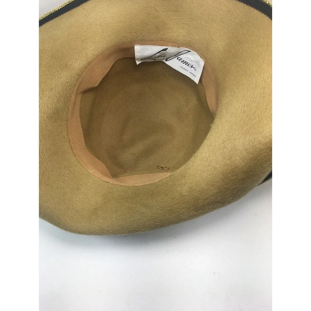 LESLIE JAMES Womens Hat 1950's‎ Vintage Soft Genuine Tan Gold Trim Rhinestones